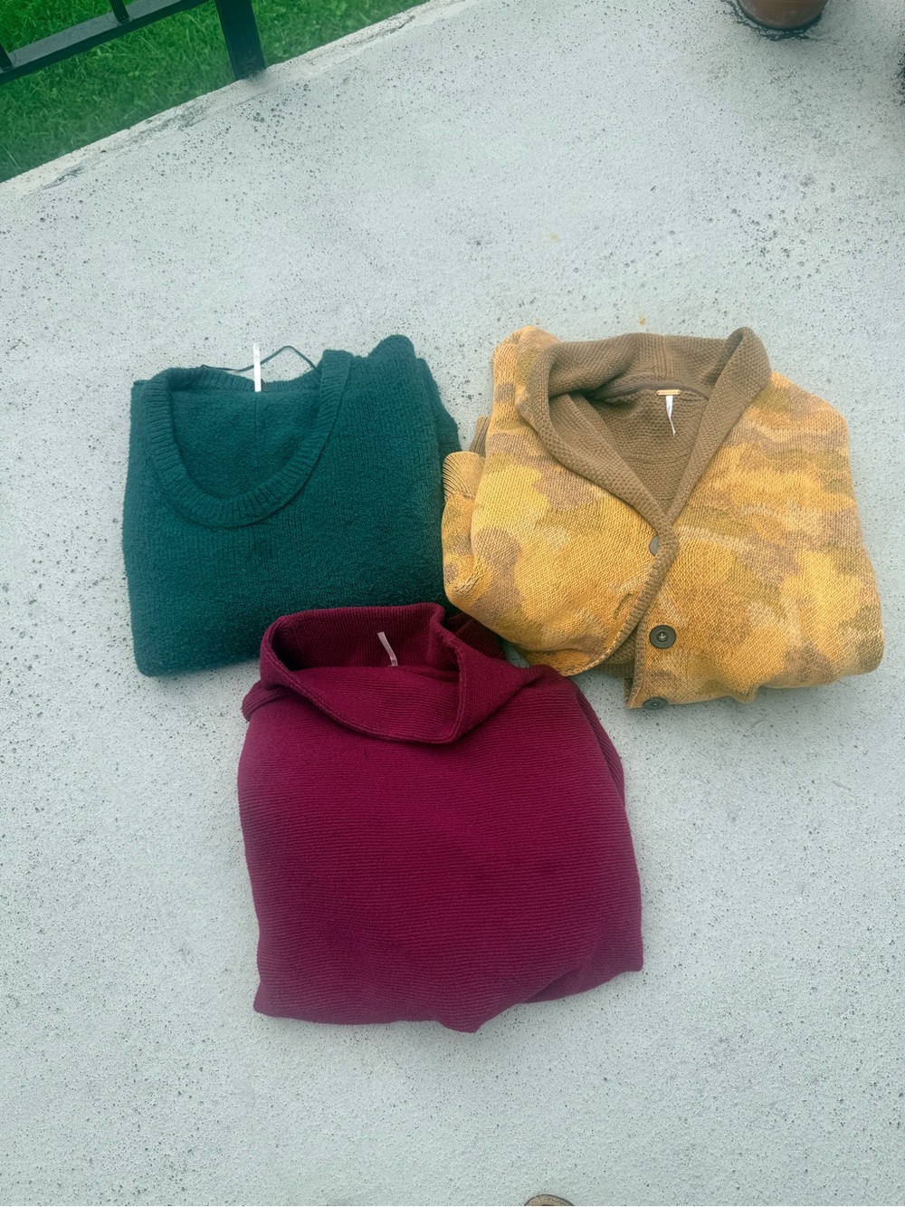 Free People Cardigan & Crew Sweaters in Forest Green, Mustard, and Burgundy